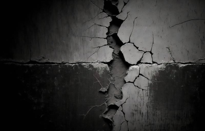 Close-up of cracked concrete surface showing deep fissures and damage.