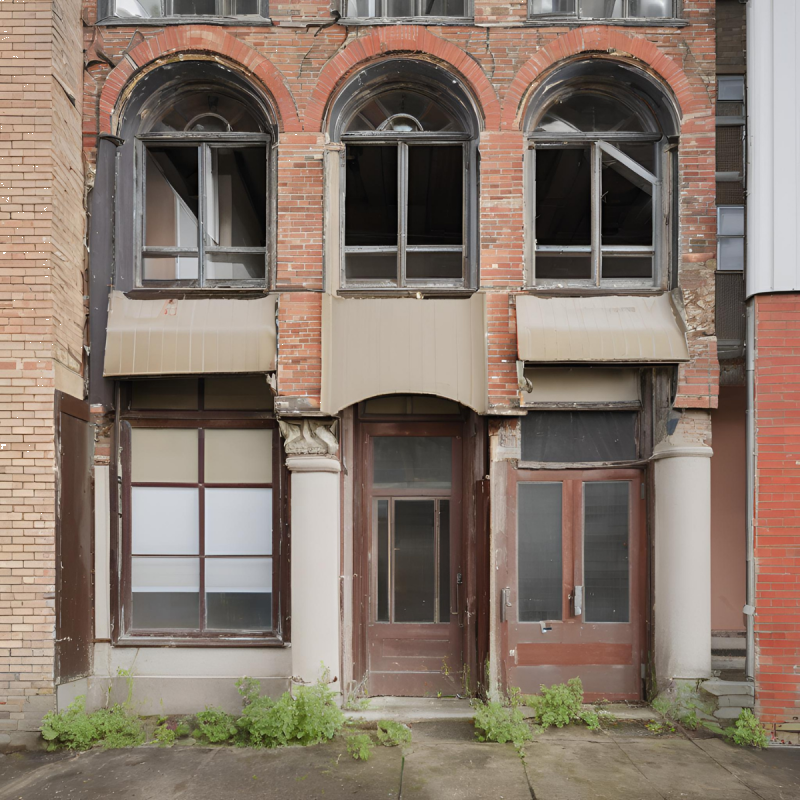 Commercial building with visible exterior wear and structural damage, indicating the need for a thorough condition survey to assess repair and maintenance requirements.